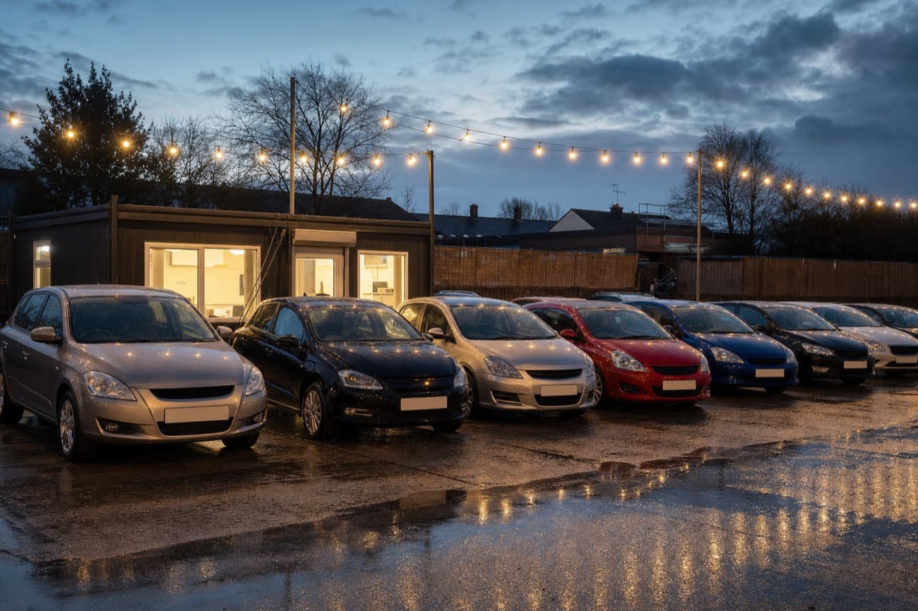 A row of used cars on a wet forecourt at dusk, festoon lights strung overhead and a lit sales office behind
