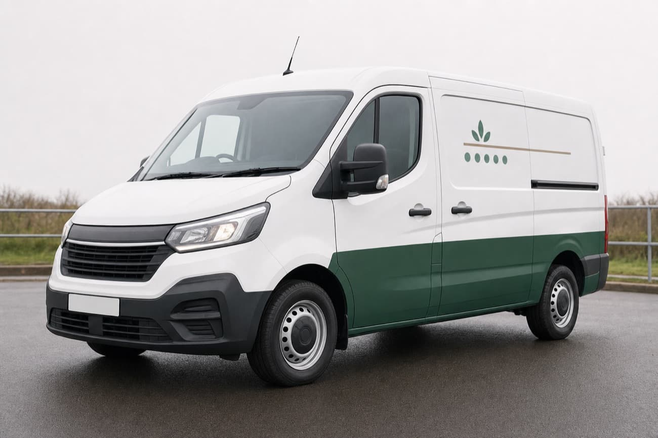 A white panel van with a dark green band along the lower third and a small leaf logo on the side panel