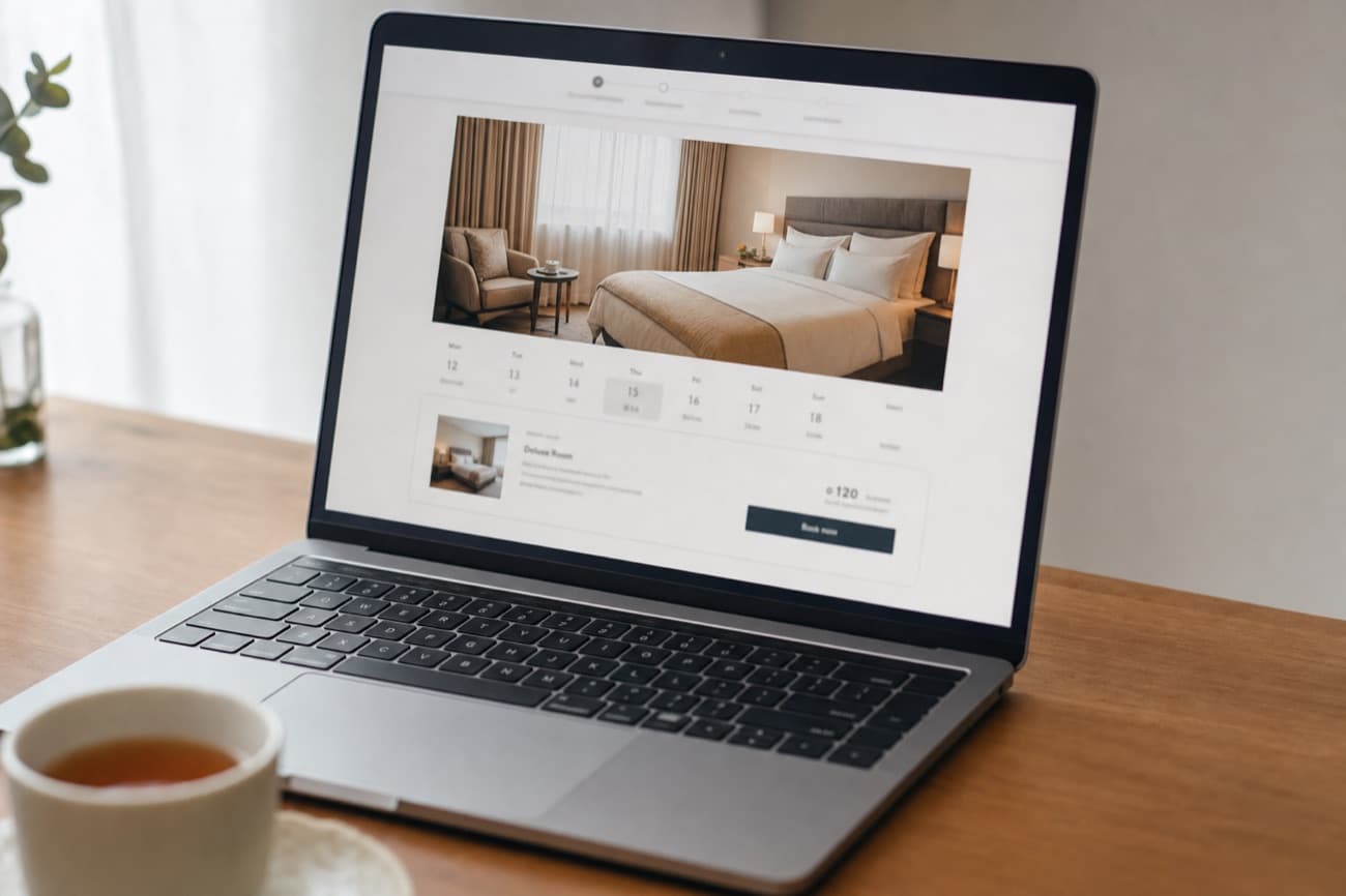 A laptop on a wooden table showing a one page booking site: a wide bedroom photograph, a row of dates, one room with a price and a Book now button