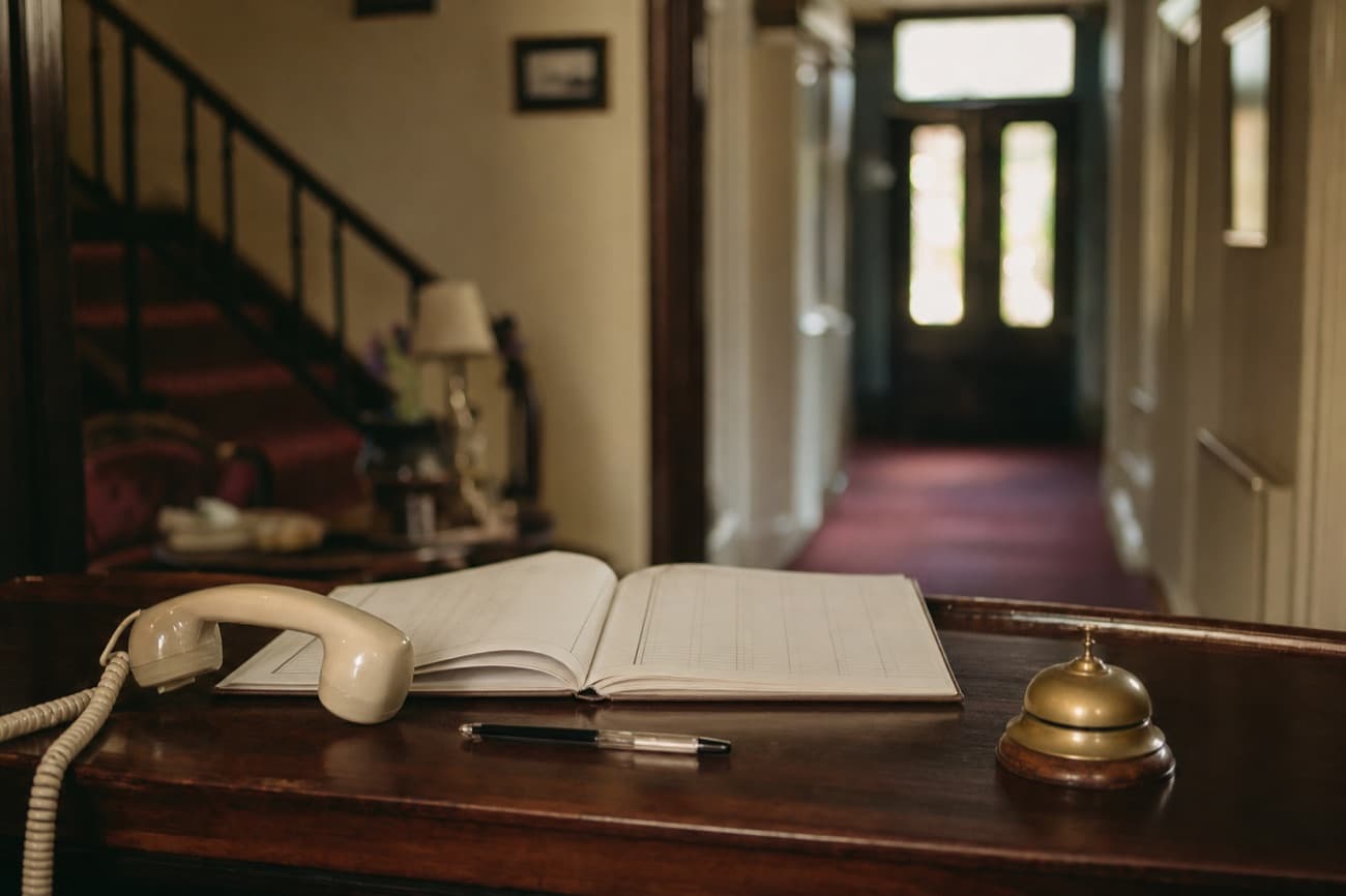 An empty guest house front desk: a cream telephone off the hook beside an open register, a pen and a brass bell, a hallway and staircase behind
