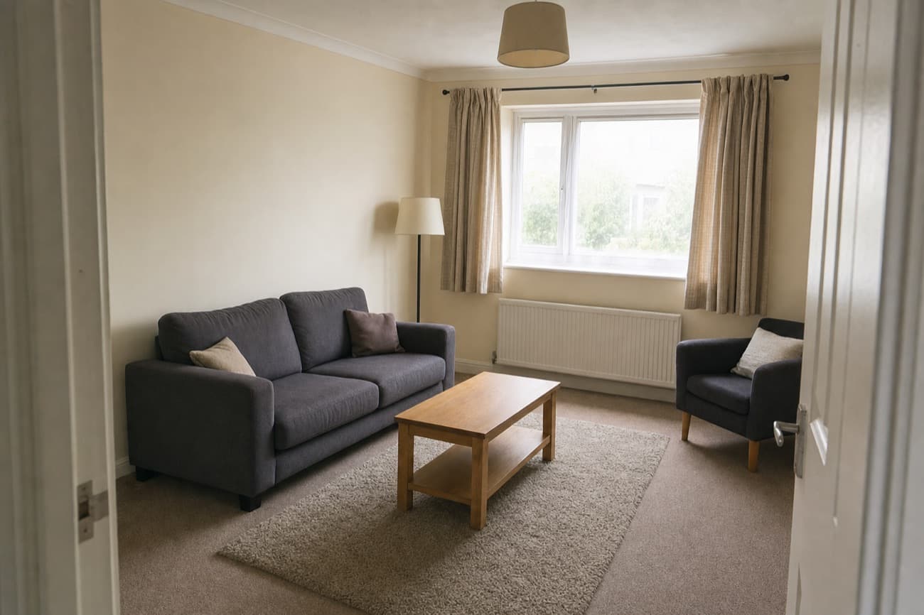 After: the same room with a grey sofa, an armchair, a wooden coffee table, a rug, a floor lamp and curtains