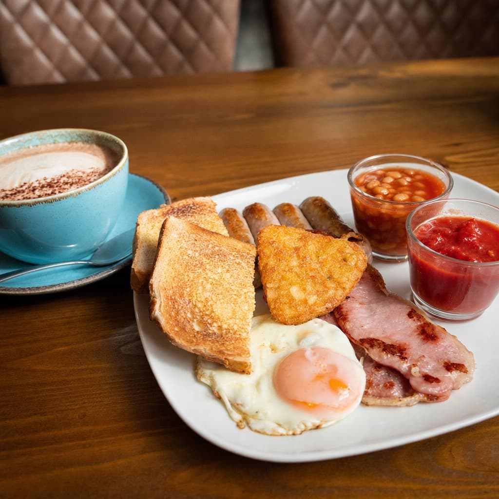 After: the same breakfast and the same blue cup, shot lower and closer in soft side light, the plate filling the frame