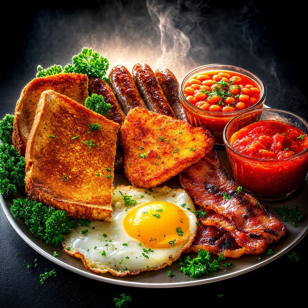 Wrong: the breakfast restyled on a dark studio backdrop, with steam, parsley scattered everywhere and oversaturated colours