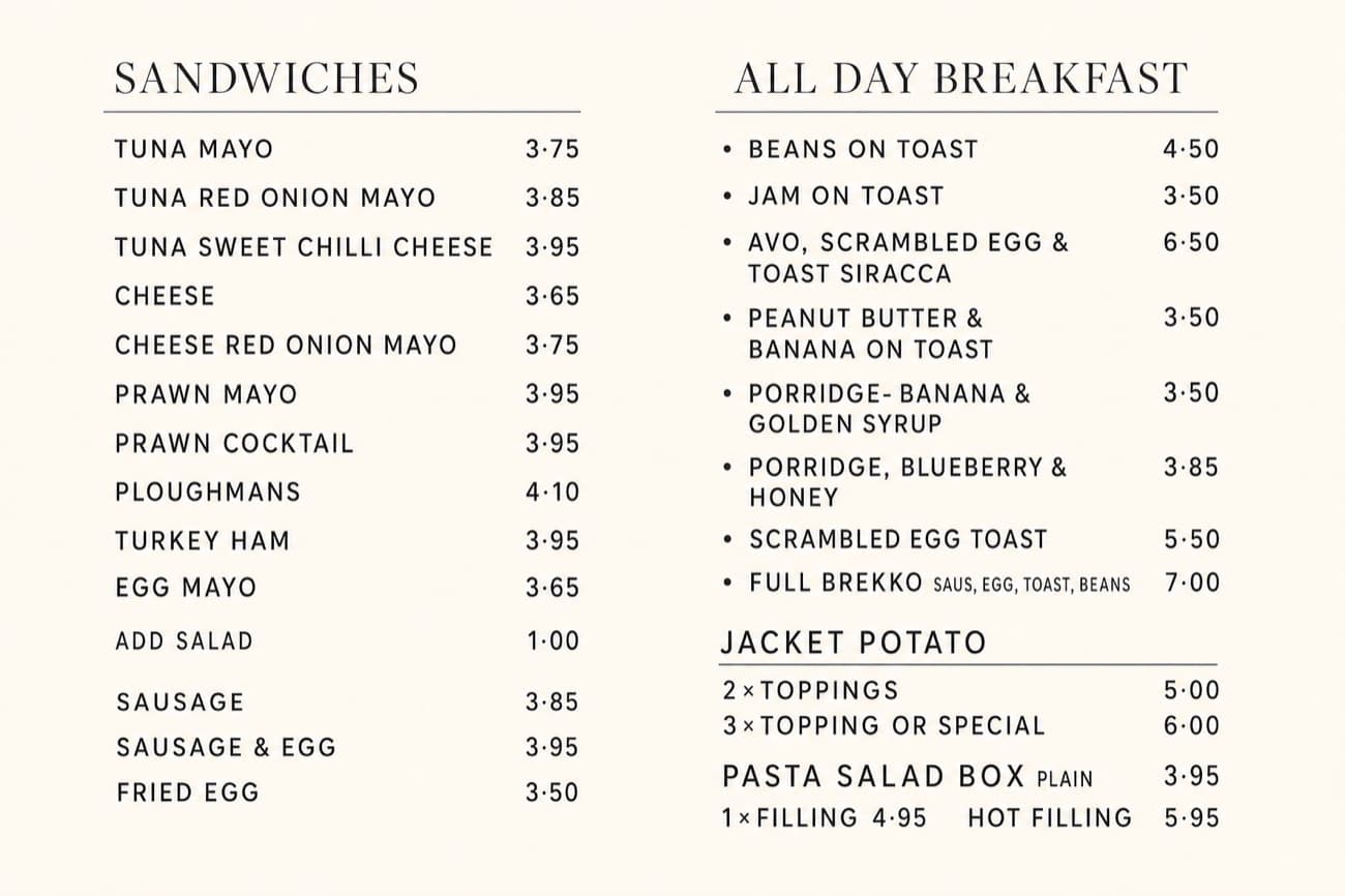 After: the same menu set as a clean printed page on off-white, serif section headings and prices in a right aligned column
