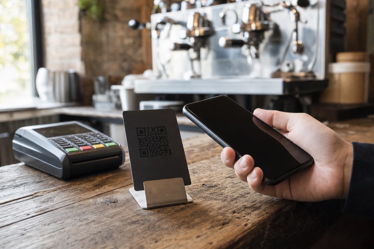 A hand holding a phone up to a black card with a QR code in a small steel stand on a cafe counter, a card terminal beside it