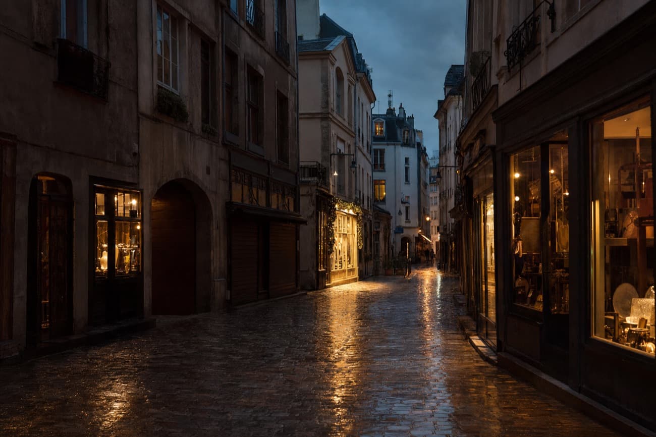 A narrow cobbled street of old shops at dusk, their windows lit warm and the wet stones catching the light