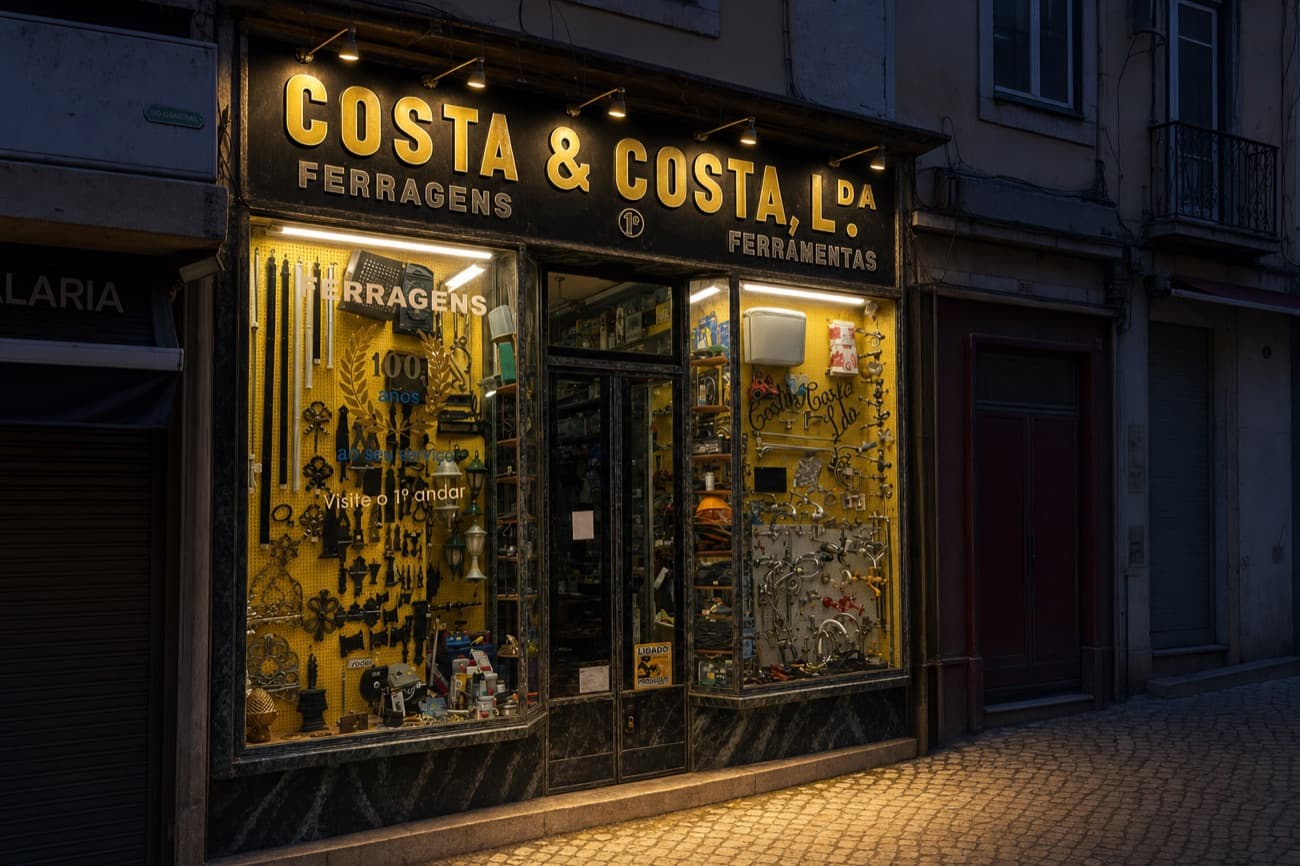 The same frontage at blue hour, warm downlights on the gold lettering and both windows glowing