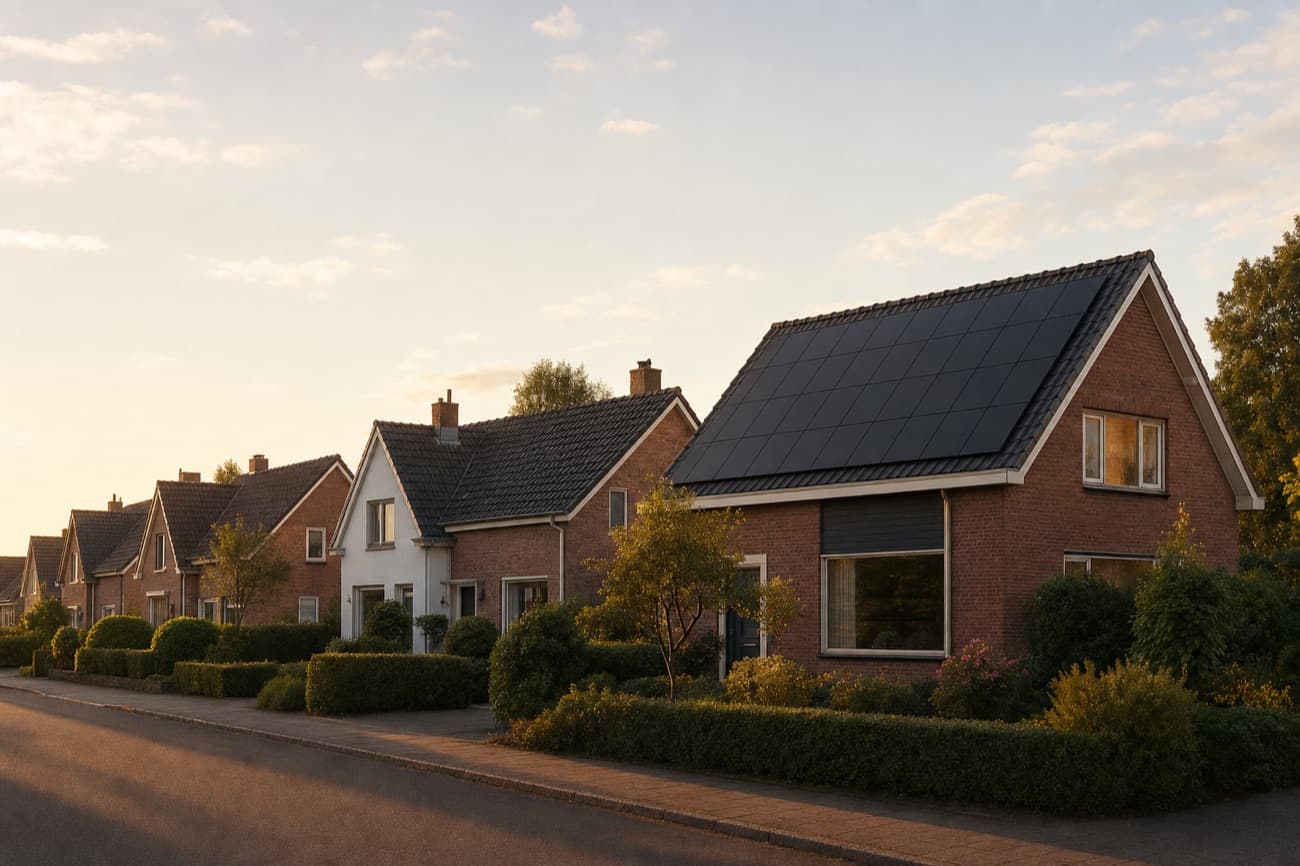 A street of brick houses at golden hour, the nearest one with black solar panels across its roof