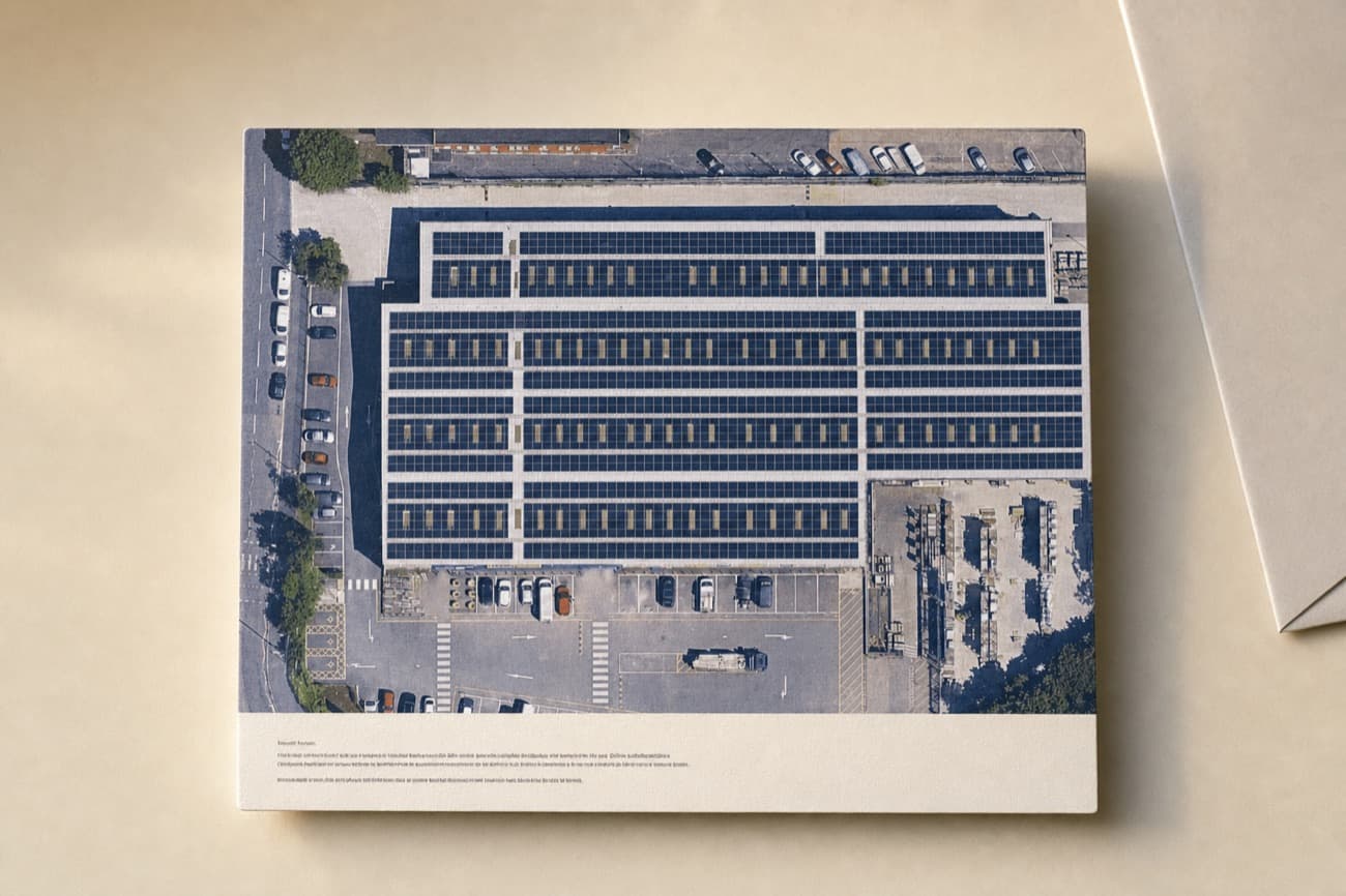 A printed card of the Selco render lying on a table, the warehouse roof covered in panels