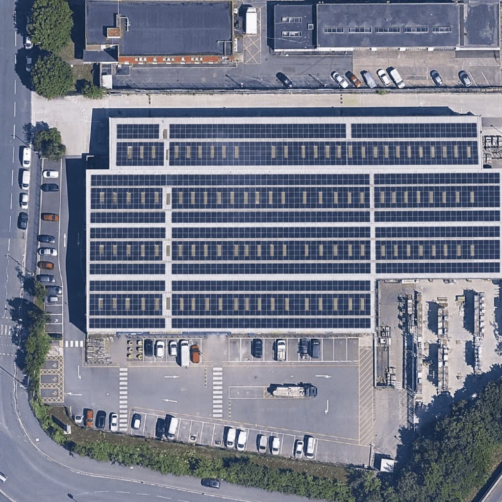 Right: the same roof with rows of panels in blocks, walkways between them