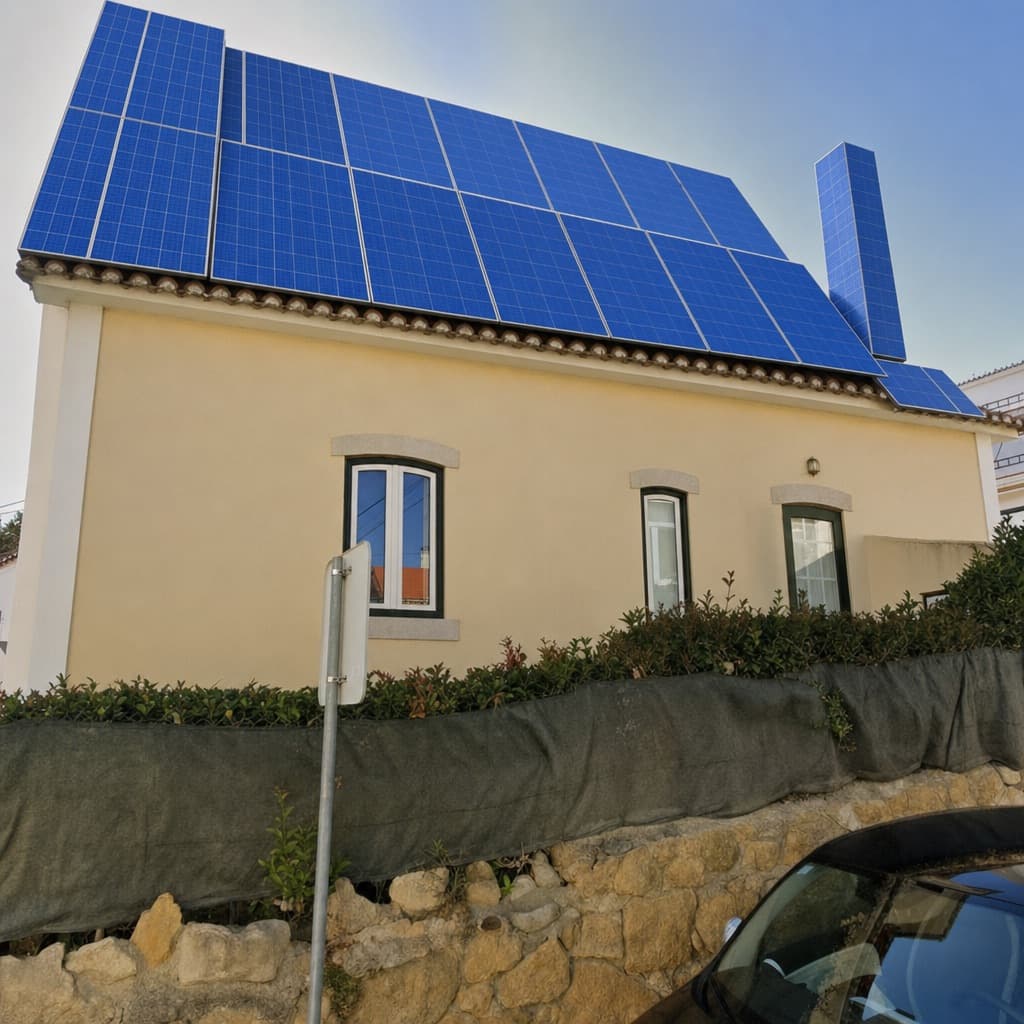 Wrong: the house with bright blue panels covering the whole roof and the chimney