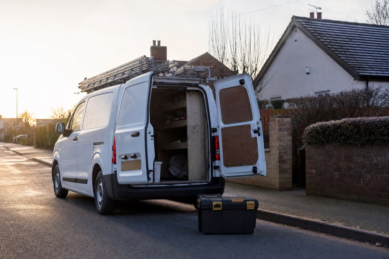 A white van parked at the kerb of a suburban street at sunset, its back doors open on shelves of kit