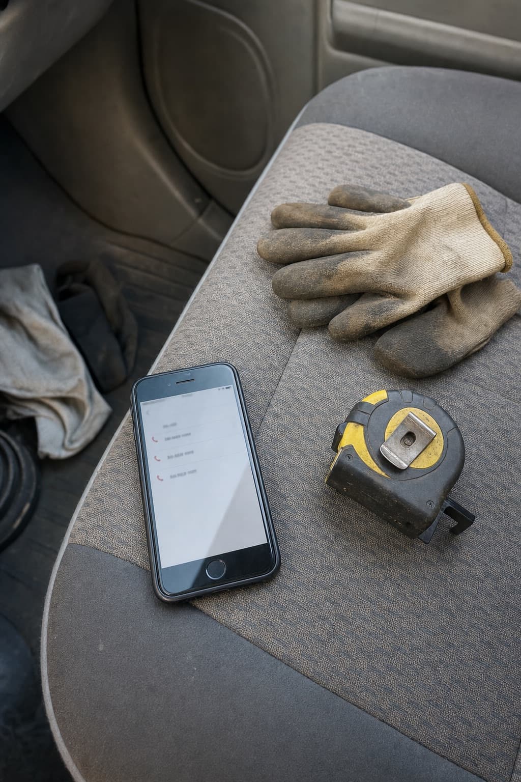 A phone lying on a worn van seat beside work gloves and a tape measure, its screen listing missed calls