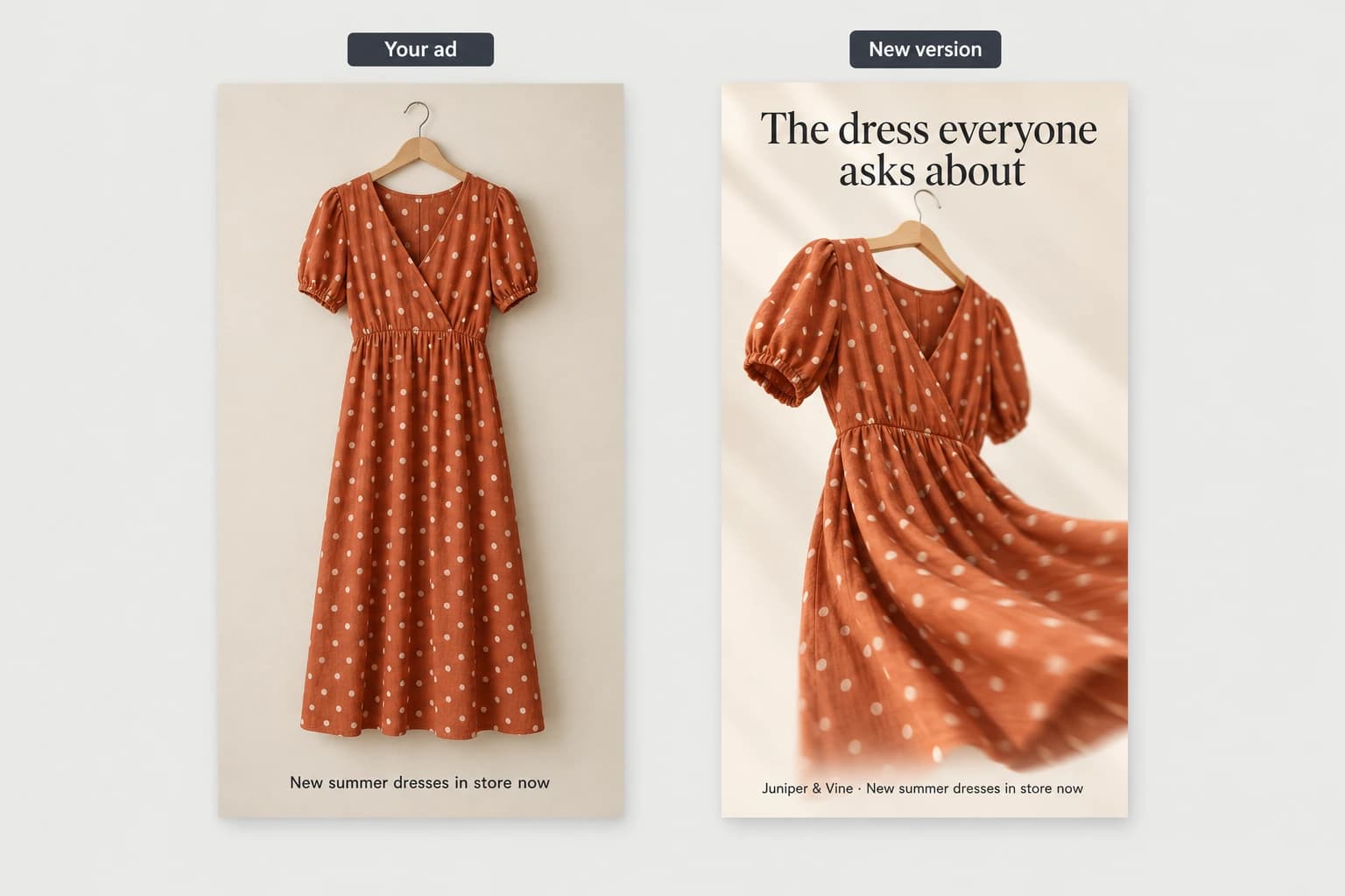 Two vertical ads side by side. Left, labelled Your ad, a static photo of a polka dot dress with small text. Right, labelled New version, the same dress in motion with the headline The dress everyone asks about
