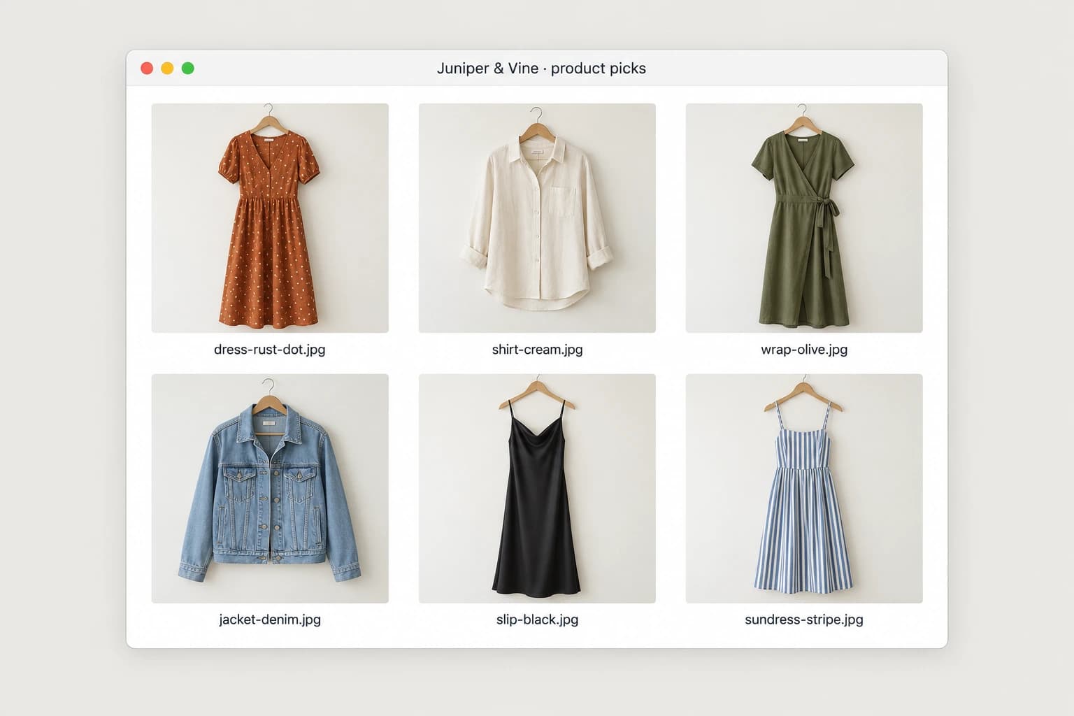 A folder named Juniper & Vine product picks with six product photos on plain backgrounds, each a garment on a hanger: a rust-orange polka dot dress, a cream shirt, an olive wrap dress, a denim jacket, a black slip dress and a striped sundress