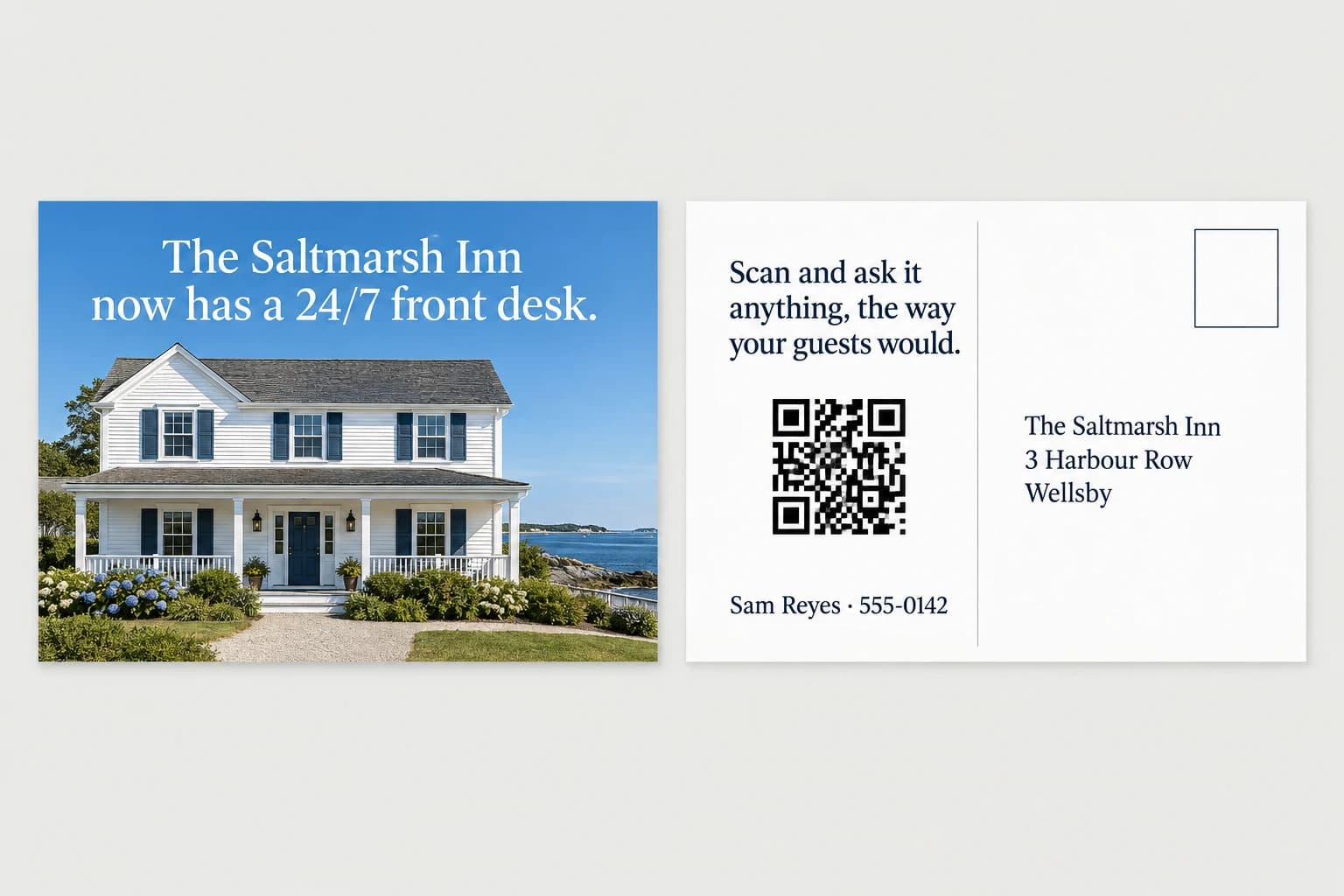 Both sides of a postcard laid flat. The front is a photo of the inn with the words The Saltmarsh Inn now has a 24/7 front desk. The back reads Scan and ask it anything, the way your guests would, with a QR code, a name and number, and the inn's address