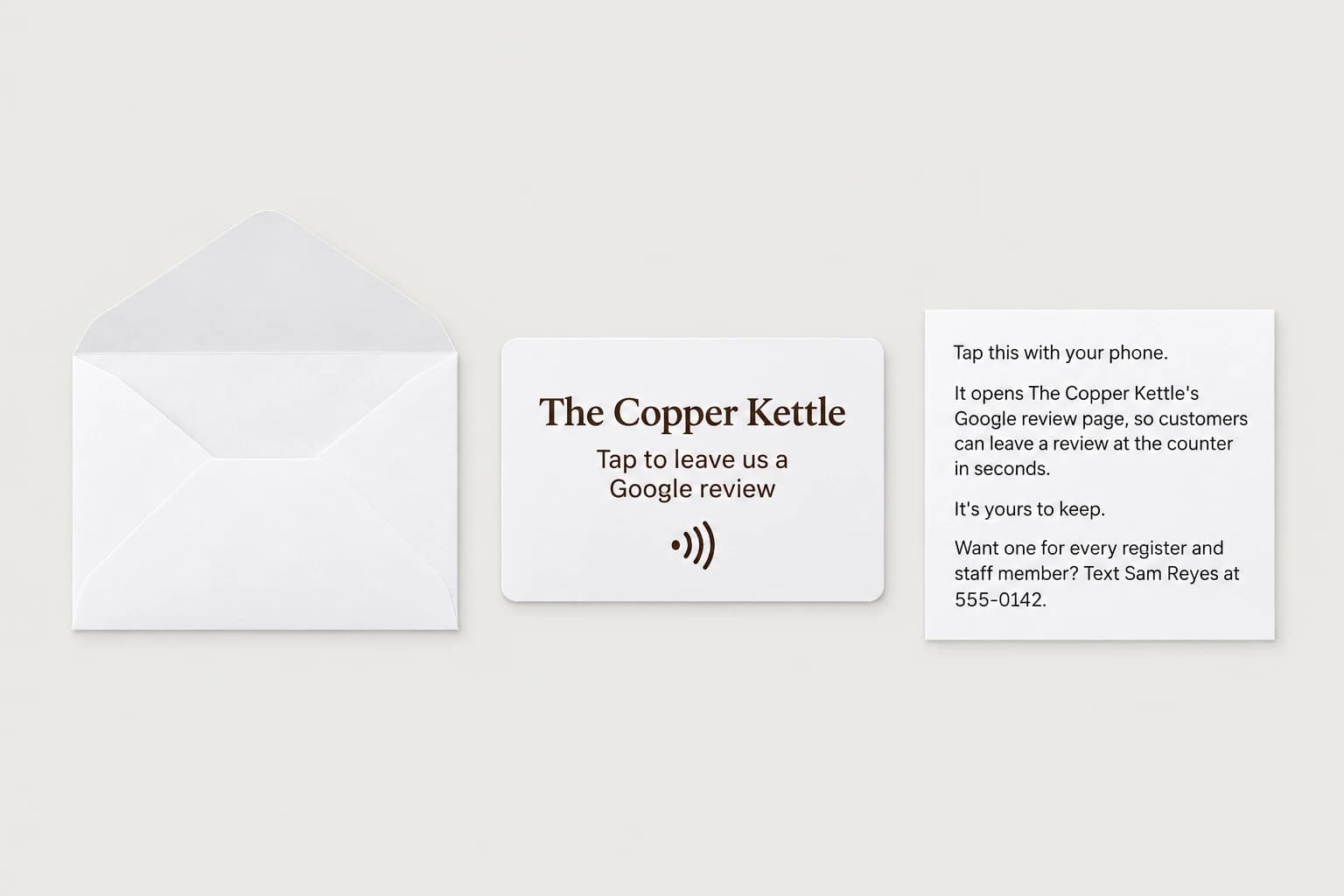 An opened envelope, The Copper Kettle tap card and a four line printed note laid out flat. The note starts Tap this with your phone and ends with a name and number to text for more cards