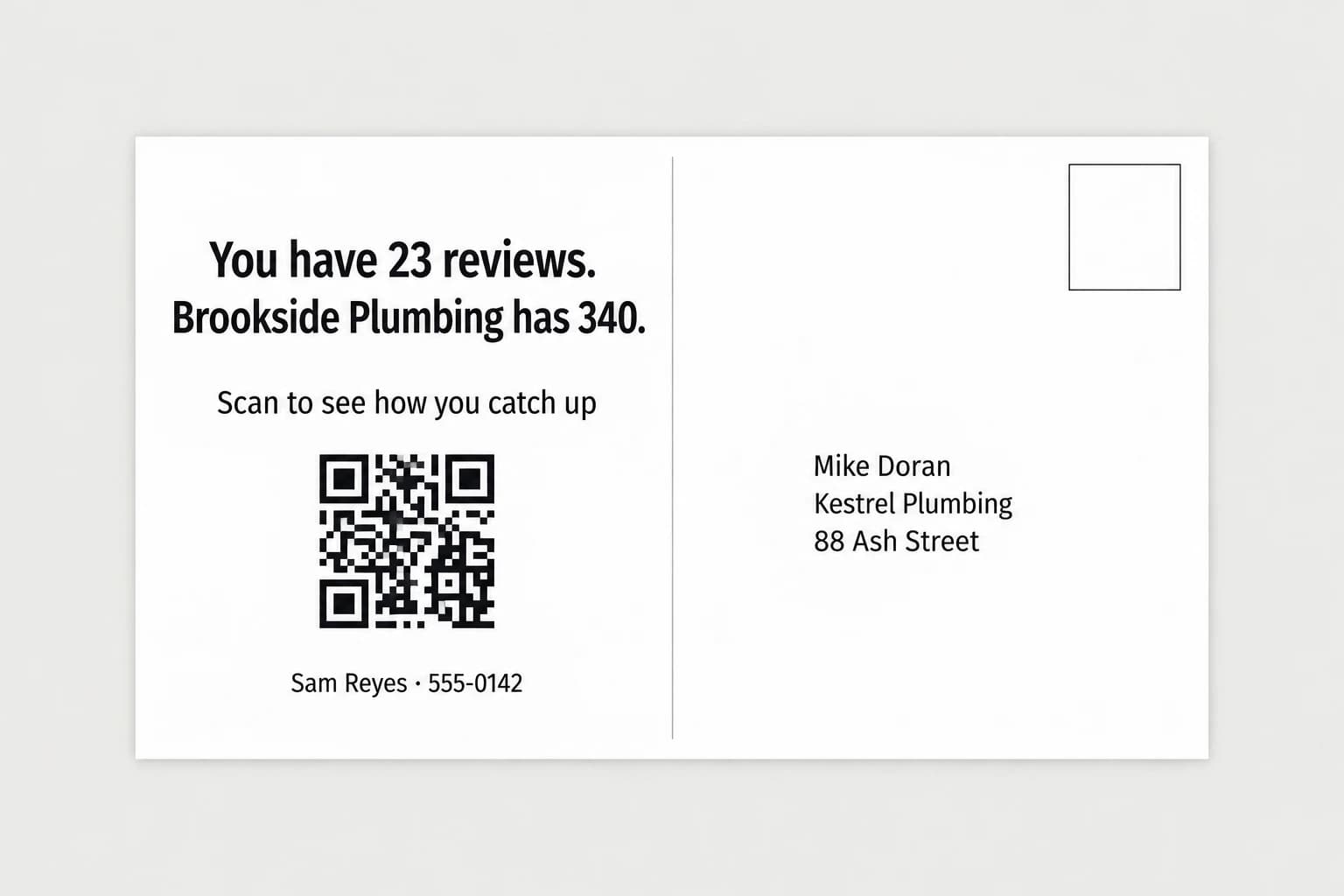 The back of a postcard reading You have 23 reviews. Brookside Plumbing has 340, then Scan to see how you catch up with a QR code, a name and number, and the owner's address