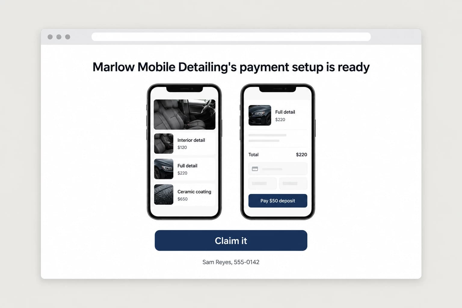 A claim page in a browser headed Marlow Mobile Detailing's payment setup is ready, with screenshots of the store and the checkout on two phones, one Claim it button, and a name and number under it